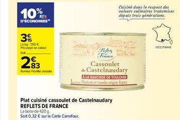 10%  D'ÉCONOMIES  3  Lekg: 250 € Prix payé en casse Soe  2⁹3  Remete  Refers France  Plat cuisine cassoulet de Castelnaudary REFLETS DE FRANCE  La boite de 420 g.  Soit 0,32 € sur la Carte Carrefour. 