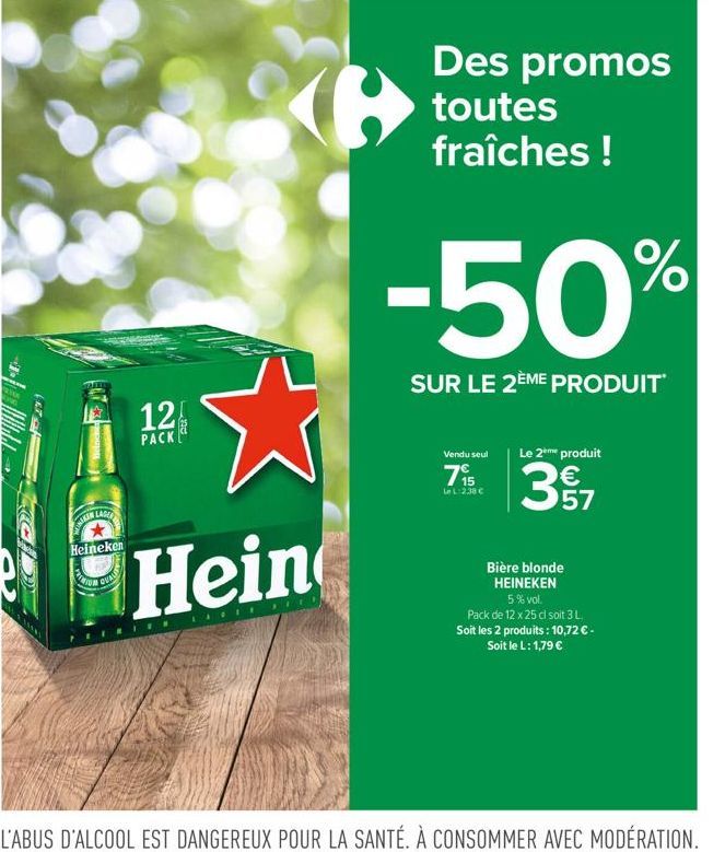 (17  LAGER  IMAGIN  Heineken  PREMIOL  QUAL  12  PACK  and  Hein  LIIT  Des promos toutes fraîches !  -50%  SUR LE 2ÈME PRODUIT  Le 2me produit  Vendu seul  T. 37  Le L:2.38 €  Bière blonde HEINEKEN  