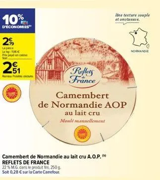 10%  d'économies  2%  la piece leg: 116€ prix payé en case soit  2₁  rome fide  reflets france  camembert de normandie au lait cru a.o.p. (b) reflets de france  22% m.g. dans le produit fini, 250 g.  