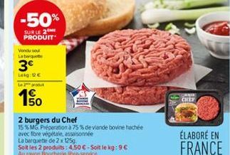 -50%  SUBLE 2 PRODUIT  Vendu se  Lab  3€  Leig: De  Le 2 grobut  1%  2 burgers du Chef  15 % MG Préparation à 75 % de viande bovine hachée  avec fibre végétale, assaisonnée  La barquette de 2 x 125g  