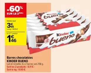 -60%  sur le 2  vendu sou  3%  lekg/mjsc  l  46  barres chocolatées  kinder bueno  lait et noisette, 6x 2 berres soit 258 g soit les 2 produits: 5,11€. soit le kg: 9,90 €  bueno  kinder  bueno 