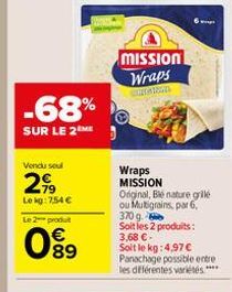 -68%  SUR LE 2 ME  Vendu soul  2,99  Lekg: 7,54 €  MISSION Wraps  Wraps MISSION Original, Ble nature grile ou Mutigrains, par 6,  370 g  Soit les 2 produits: 3,68 €. Soit le kg:4,97€ Panachage possibl