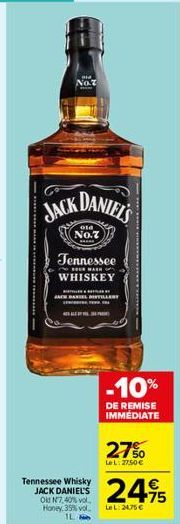 ****************  914  Noz  JACK DANIEL'S  ola  No.7  Tennessee  EMAI  WHISKEY  BATEN BETTLAN  A BANDILLARY werke TENN  Tennessee Whisky JACK DANIEL'S Old N7,40% vol Honey, 39% vol. IL  D  -10%  DE RE