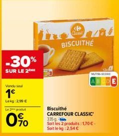 -30%  SUR LE 2 ME  Vendu sou  1€  Lekg: 2,99 €  Le 2 produit  70  Classic  BISCUITHE  NUTRI-SCORE  Biscuithé CARREFOUR CLASSIC 335 g Soit les 2 produits: 1,70 € - Soit le kg: 2,54 € 