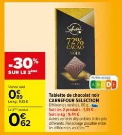 -30%  sur le 2 me  vendu soul  89 lekg: 1113 €  le 2 produt  062  72%  cacao noir  nutri-score  tablette de chocolat noir carrefour selection différentes variétés, 80 g. soit les 2 produits: 1,51 € - 