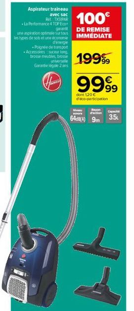 Aspirateur traineau  avec sac REL TXSIPAR  La Performance 4 TOP Eco garant  une aspiration optimale sur tous les types de sols et une économie d'énergie Poignée de transport -Accessoires suceur long. 