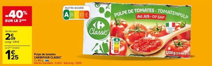 -40%  SUR LE 2 ME  Vendu seul  2%  Le kg: 1,74 €  Le 2  produit  1/25  Pulpe de tomates CARREFOUR CLASSIC 3x 400 g  Soit les 2 produits: 3,34 € - Soit le kg: 1,39 €  NUTRI-SCORE  ABCDE  <B> Classic  P