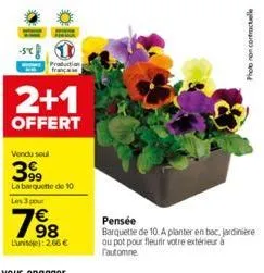 -se  2+1  offert  vendu seul  399  la barquette de 10 les 3 pour  198  l'unite): 2.66 €  phot ron contractuelle  pensée  barquette de 10. a planter en bac, jardinière ou pot pour fleurir votre extérie