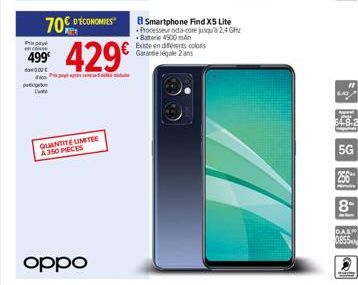 Pray en casse  499€  0,00 €  patie  70€ DYCONOMIES  429€  QUANTITE LIMITEE A350 PIECES  oppo  Smartphone Find X5 Lite  Processeur octa-core jusqu'à 2,4 GHz Batterie 4500 mAh Existe en diferents colors