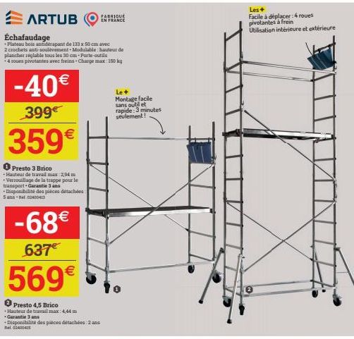 ARTUB  Échafaudage  +Plateau bois antidérapant de 133 x 50 cm avec  2 crochets anti-soulèvement Modulable: hauteur de plancher réglable tous les 30 cm-Porte-outils  +4 roues pivotantes avec freins-Cha