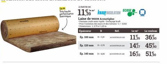 Très haute performance thermique  À PARTIR DE  11,39 KNAUF INSULATION  Laine de verre Acoustiplus -Panneau roulé semi-rigide Surfaçage kraft Pour l'isolation des murs et des toitures-A= 0,032 -Dimensi