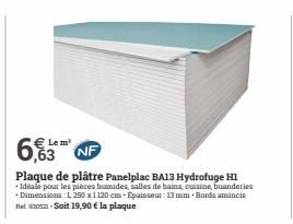 € le m² NF  Plaque de plâtre Panelplac BA13 Hydrofuge H1  + Idéale pour les pièces humides, salles de bains, cuisine, buanderies *Dimensions: L 250 x 1120 cm -Epaisseur: 13 mm Bords amincis Net-Soit 1