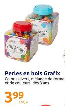 WOODENBEADS  Perles en bois Grafix  Coloris divers, mélange de formes et de couleurs, dès 3 ans  3.99  3.99/st  BEADS  