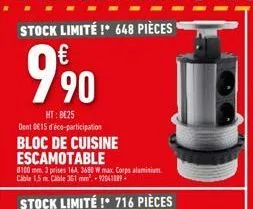 stock limité !* 648 pièces  990  ht: be25 dent de15 d'éco-participation bloc de cuisine escamotable  0100 mm 3 prises 16a 3680 w max. corps alaminiam cable 1,5 m. cible 361 mm².-92541889- stock limité