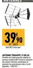 3990  HT:33€25 Dent 021 déco-part  ANTENNE TRINAPPE 15 DB 40 Possiede une bande passate adau nouveau standard UHF. Permet la réception  des signaux fertaiens numenques t  à la 45. 