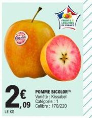 ABAS 2009  2€  LE KG  FRUITS LEGUMES DE FRANCE  POMME BICOLOR Variété: Kissabel Catégorie : 1 ,09 Calibre: 170/220 