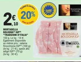 e.leclere  ticket  € 20%  1,10  de la carto  mortadella bologna igp "tradizioni d'italia" 150 g. le kg: 14 €. également disponible au même prix: salame finocchiona igp (100 g) (le kg: 21 €), speck alt