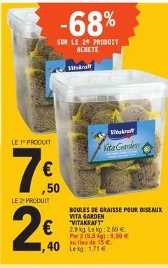 le 1" produit  (h)  €  le 2* produit  -68%  sur le 2e produit acheté  ,50  vitakraft  vitakraft  vita garden  boules de graisse pour oiseaux vita garden "vitakraft"  2,9 kg. le kg: 2,59 €. par 2 (5,8 