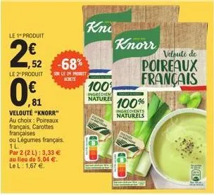 on  le 1 produit  2€₂2  le 2*produit  ·  ,81  1,52 -68%  velouté "knorr" au choix poireaux français, carottes françaises  sor le 20 produit achete  ou légumes français. 1l  par 2 (2 l): 3,33 €  au lie