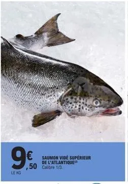 9€  le kg  € saumon vide supérieur  de l'atlantique  ,50 calibre 1/3. 