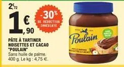 2%2  ,90 pâte à tartiner noisettes et cacao "poulain"  sans huile de palme. 400 g. le kg: 4,75 €.  -30%  de reduction inmediate  www.  a  the  poulain  mal 