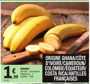 14.09  LE KG  BANANE  € Variété Cavendish  Catégorie : 1. Calibre: P20.  ORIGINE GHANA/CÔTE D'IVOIRE/CAMEROUN/ COLOMBIE/ÉQUATEUR/ COSTA RICA/ANTILLES FRANÇAISES 