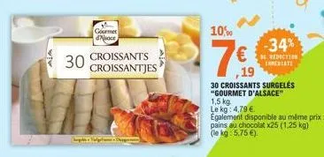 30  gourmet doce  lydn  croissants croissantjes  10%  -34% €rection  irmediate  19  30 croissants surgelés "gourmet d'alsace"  1,5 kg. le kg: 4,79 € egalement disponible au même prix: pains au chocola