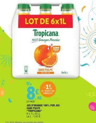 9%  lot de 6x1l  tropicana.  100% oranges pressées  sans pulpe  46  sans secres  -1€  de reduction inmediate  le pack  jus d'orange 100% pur jus  sans pulpe  "tropicana" 6x1l (6l)  le l: 1,41 €  (1) v