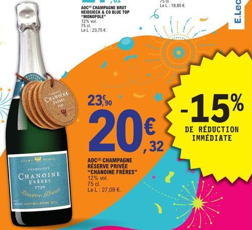 CHANOINE Frisus  nr  CHAMPAGNE  CHANOINE FRERES  1730  Reserve Privi  10507 ST MILLESIME  AOC CHAMPAGNE BRUT HEIDSIECK & CO BLUE TOP "MONOPOLE" 12% vol. 75 cl. Le L: 23,75 €  23,90  20€  ,32  AOC CHAM