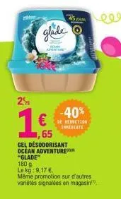 25  glade  beran adventure  165  ,65  gel desodorisant ocean adventure "glade"  180 g le kg: 9,17 €  45  syour  -40%  instate  même promotion sur d'autres variétés signalées en magasin, 
