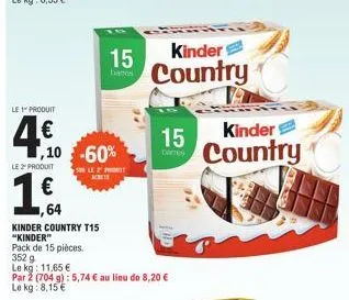 le 1 produit  4€  le 2-produit  1€  1,64  ,10 -60%  kinder country t15 "kinder"  pack de 15 pièces.  352 g  le kg: 11,65 €  15  banes  sur le prit achete  par 2 (704 g): 5,74 € au lieu de 8,20 €  le 8
