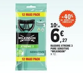 12 maxi pack  wilkinson sword  xtreme 3  12 maxi pack  sensitive  10%  6%  ,27  -40%  de reduction inrediate  rasoirs xtreme 3 pure sensitive "wilkinson"  x 12. 