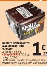 apollo  extoffert  le lot de 4 x 85 g  pe  nouilles instantanées saveur boeuf röti 