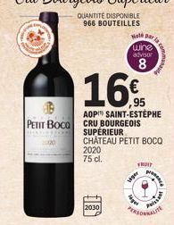 PETIT BOCO  2030  16%  ,95  AOP SAINT-ESTÉPHE CRU BOURGEOIS SUPÉRIEUR  CHÂTEAU PETIT BOCQ 2020  75 dl.  Note par wine advisor  8  leget  Viper  FRUIT  Paissan 