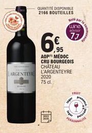 QUANTITÉ DISPONIBLE 2166 BOUTEILLES  2020  75 cl.  2010  €  95  AOP MÉDOC  CRU BOURGEOIS  Ho par  CHÂTEAU  ARGENTEYR L'ARGENTEYRE  wine advisor  77  seper  FRUT  ger  la commune  Puissant 