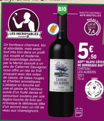 LES INCROYABLES  ELeclerc  Un bordeaux charmant, bio et abordable, mais avant tout très bon dans un profil pur, souple et moderne. Cet assemblage dominé par le Merlot associé à un peu de Cabernet Sauv