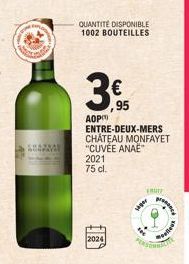 Ammo  AOP  QUANTITE DISPONIBLE 1002 BOUTEILLES  2024  ,95  ENTRE-DEUX-MERS CHÂTEAU MONFAYET "CUVÉE ANAE" 2021 75 cl.  FRUIT  siger  PERSON  s 