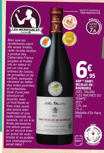 LES INCROYABLES ELeclerc  Bien que les rendements aient été assez limités, cette récolte tardive a produit des Cabernets Francs souples et fruités mis en valeur ici par un nez aux arômes de cassis, de