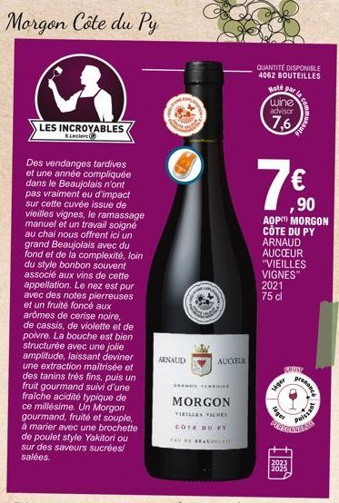 Morgon Côte du Py  (³  LES INCROYABLES E.Leclerc  Des vendanges tardives et une année compliquée dans le Beaujolais n'ont pas vraiment eu d'impact sur cette cuvée issue de vieilles vignes, le ramassag