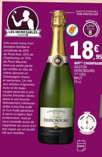 LES INCROYABLES  ELeclerc  Une cuvée issue d'un domaine familial et constituée de 60% de Pinot Noir, 30% de Chardonnay et 10% de Pinot Meunier, dont une petite partie est vinifiée en fûts de chêne don