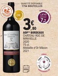 CARTER  ROC DE MIN  A  OR  QUANTITÉ DISPONIBLE 1754 BOUTEILLES  80  AOP BORDEAUX CHÂTEAU ROC DE  MINVIELLE  2020  75 cl.  Médaille d'Or Mâcon  2021  2024  Hot par la wine advisor  7,2  seper  Ager  FR