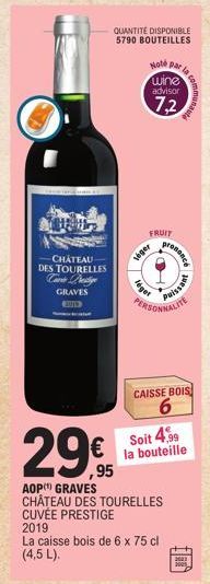 CHATEAU DES TOURELLES  Two Dredge GRAVES  BUDD  QUANTITÉ DISPONIBLE 5790 BOUTEILLES  Note par  véger  wine advisor  7,2  FRUIT  la com  ,95  AOP GRAVES CHÂTEAU DES TOURELLES CUVÉE PRESTIGE 2019  La ca