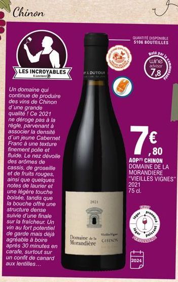 Chinon  G  LES INCROYABLES  ELeclere  Un domaine qui continue de produire des vins de Chinon d'une grande qualité ! Ce 2021 ne déroge pas à la règle, parvenant à associer la densité d'un jeune Caberne