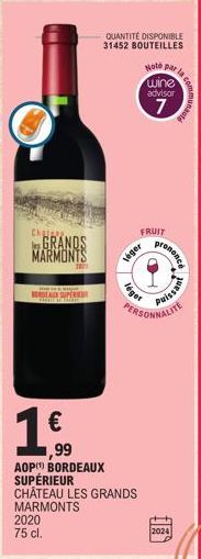 Chu  GRANDS MARMONTS  BORDEAUX SUPER  15,⁹9  2020 75 cl.  €  1071  ,99  QUANTITÉ DISPONIBLE  31452 BOUTEILLES  AOP BORDEAUX SUPÉRIEUR  CHÂTEAU LES GRANDS  MARMONTS  léger  léger  Note la  wine advisor