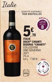 Italie  PICCINE  CENTEEN ON CHITE  2024  QUANTITÉ DISPONIBLE 1626 BOUTEILLES  Halk par wine  advisor  8  ,70  ITALIE  DOCG CHIANTI RISERVA "CHIANTI" COLLEZIONE ORO GOVERNO  2021 75 cl. Le L: 7.60 € UI