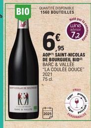 HAR VALLE  2025  AOP  ,95 SAINT-NICOLAS DE BOURGUEIL BIO BARC & VALLEE "LA COULÉE DOUCE" 2021  75 cl.  HOW DAT  wine  advisor  72  FROIT  leget  mana  G  Puissa  um 