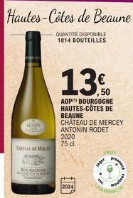 WHET  CHITEAU DE MERCH  QUANTITÉ DISPONIBLE 1014 BOUTEILLES  2024  ,50  AOP) BOURGOGNE HAUTES-CÔTES DE BEAUNE CHÂTEAU DE MERCEY ANTONIN RODET 2020 75 cl.  wage  pre  neus 