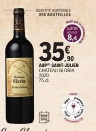 chilea  gloria  saint julie  quantité disponible 858 bouteilles  hot par la wine  advisor  8,4  35€  aop saint-julien chateau gloria 2020  75 cl.  éget  lagar  fruit  p  prisi201  alite 