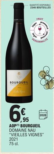 4 SAL  2021 75 cl.  BOURGUEIL  I SANITAT VAR  léger  léger  QUANTITÉ DISPONIBLE 2346 BOUTEILLES  FRUIT  PERS  renonce  ,95 AOP (¹) BOURGUEIL DOMAINE NAU "VIEILLES VIGNES"  Paissant  ALITE  2028 