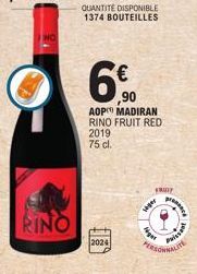 RINO  QUANTITÉ DISPONIBLE 1374 BOUTEILLES  6.9⁰0  6€  AOP MADIRAN RINO FRUIT RED 2019 75 cl.  2024  ,90  FRUIT  seger  laget  pr  Baissent 